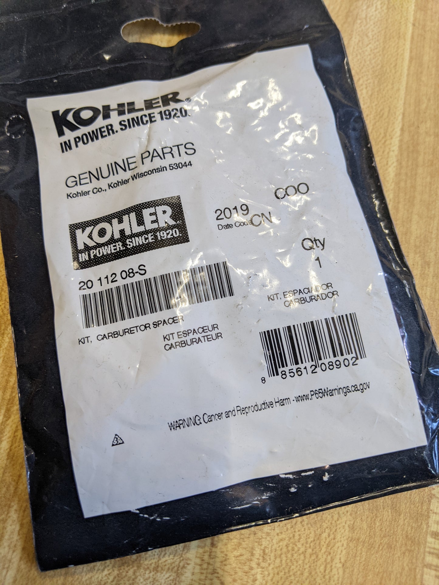 Kohler NOS 20-112-08-S Carb Spacer Kit