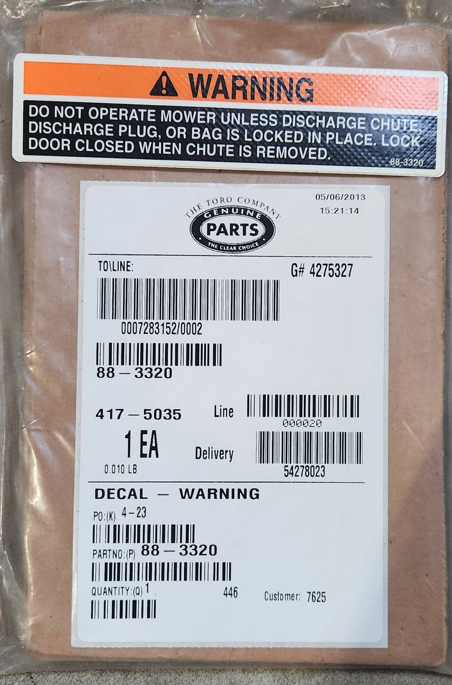 Toro NOS 88-3320 Warning Decal