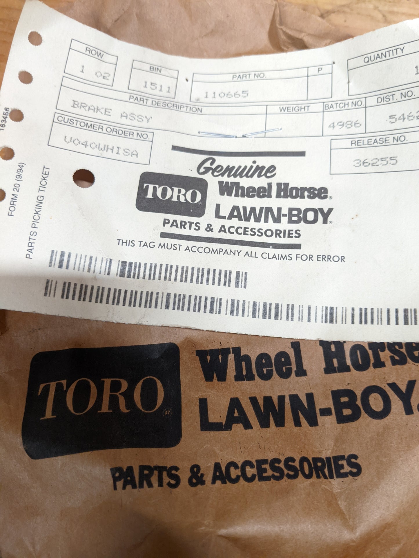 Wheel Horse NOS | 110665 (superseded To 94-6652) Brake Assembly