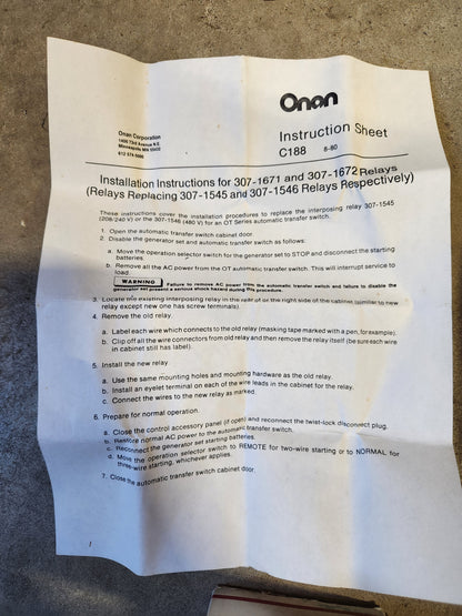 Onan NOS 307-1671 Relay Package